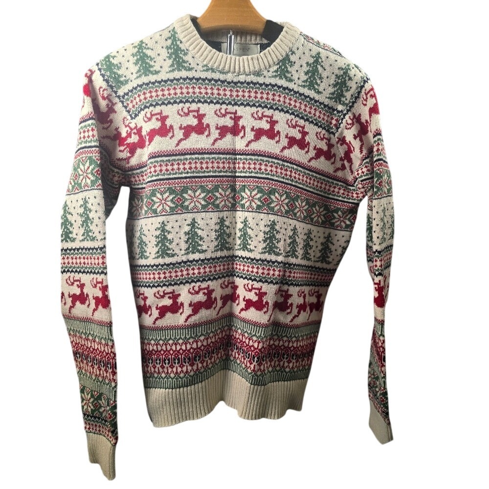 Aspen Mens Christmas Fair Isle Reindeer Tree Sweater Cream Red Green‎ Small